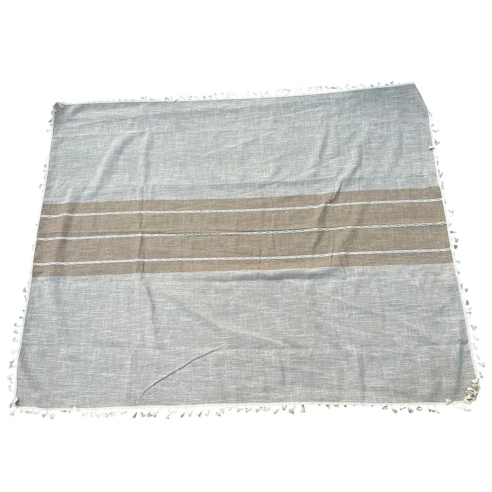 Set of 6 Farmhouse Linen Blend Striped Tablcloth Beige Cream Tassel Fringe 67x53